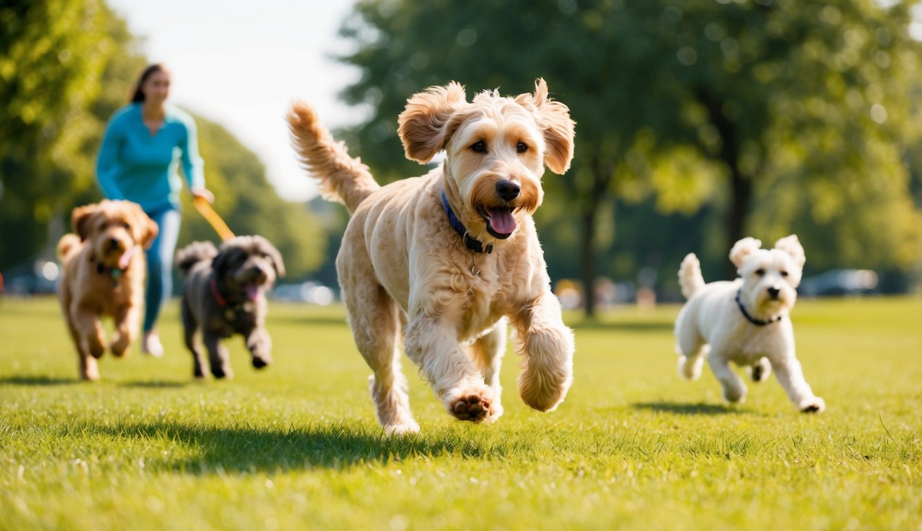 A Labradoodle running through a park, playing fetch with its owner, while other dogs watch from the sidelines