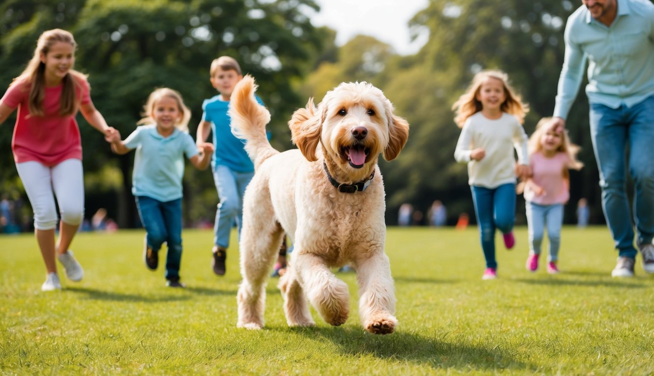 A happy Labradoodle playing in a park, surrounded by children and adults. The dog's fluffy coat and friendly demeanor are evident