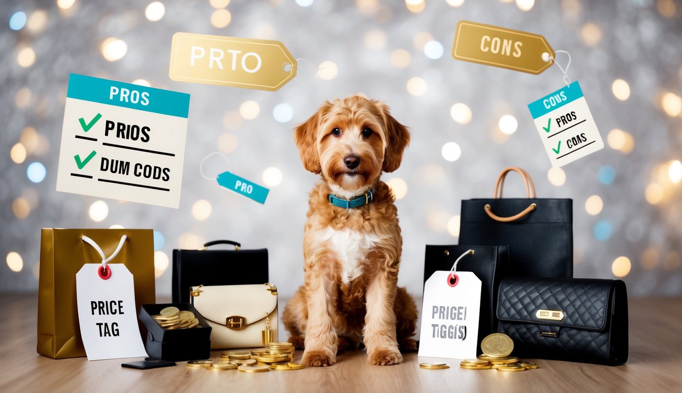 A Labradoodle surrounded by luxury items and price tags, with a list of pros and cons floating around it