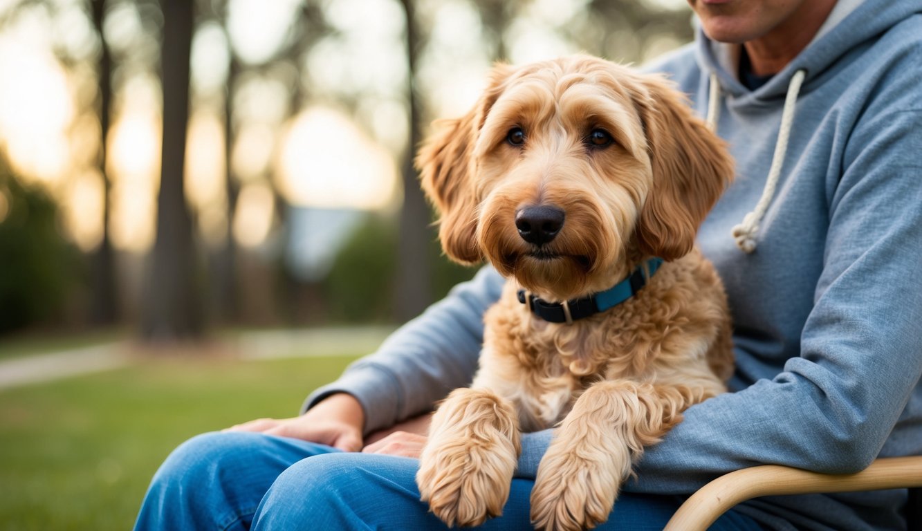 A Labradoodle sits calmly beside a person, offering comfort and companionship. The dog's friendly demeanor and gentle gaze convey its potential as a therapy dog