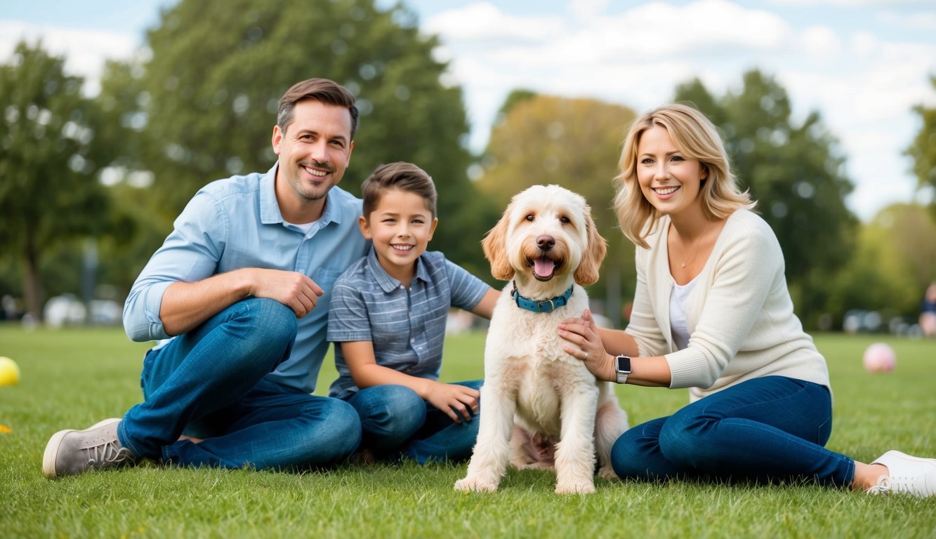 A Labradoodle sitting next to a family, playing in a park with a happy expression