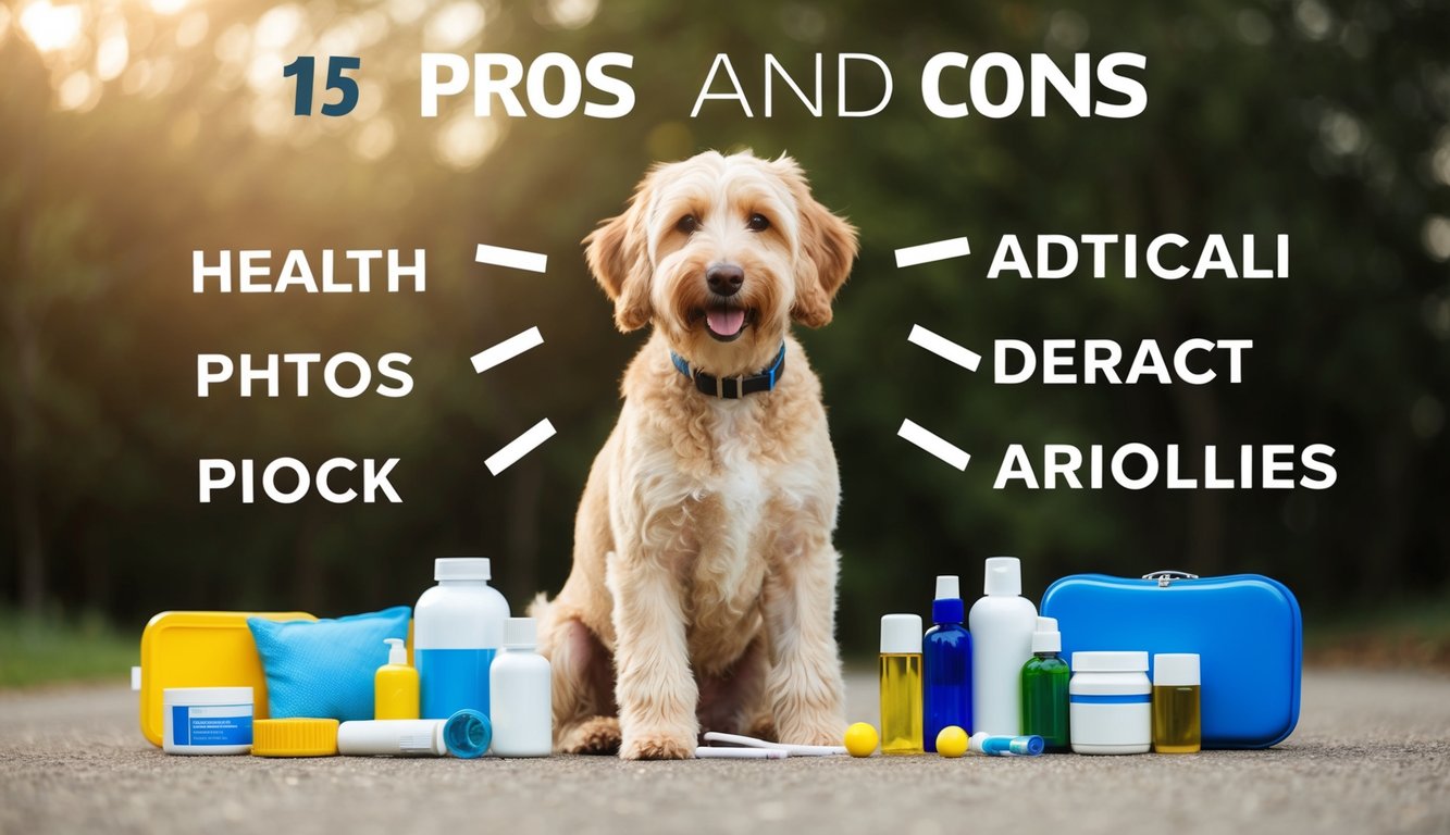 A Labradoodle surrounded by various health and care items, with 15 pros and cons listed around it
