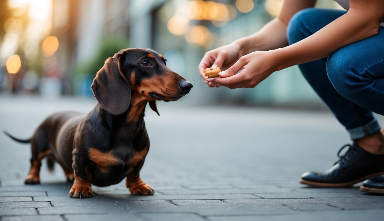 A dachshund refusing to move from its spot, while its owner tries to coax it with a treat