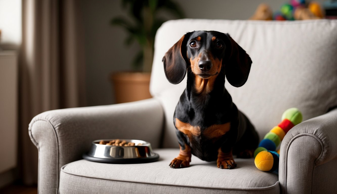 A dachshund sitting obediently next to a cozy armchair, with a wagging tail and alert expression, surrounded by toys and a food bowl