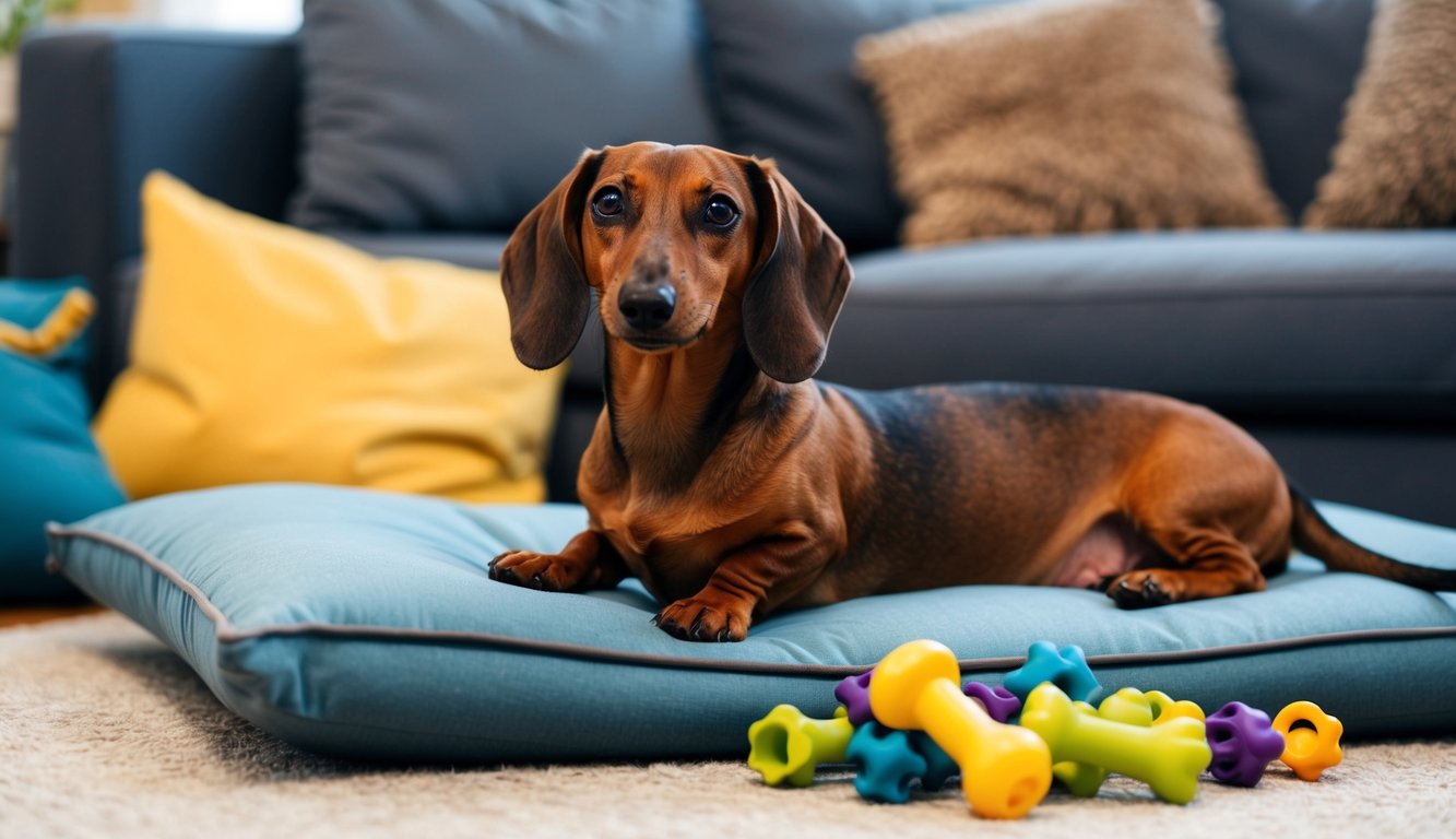 A dachshund lying on a cushion, surrounded by a pile of chew toys and a small dog bed. Its long body is slightly arched, indicating potential back issues