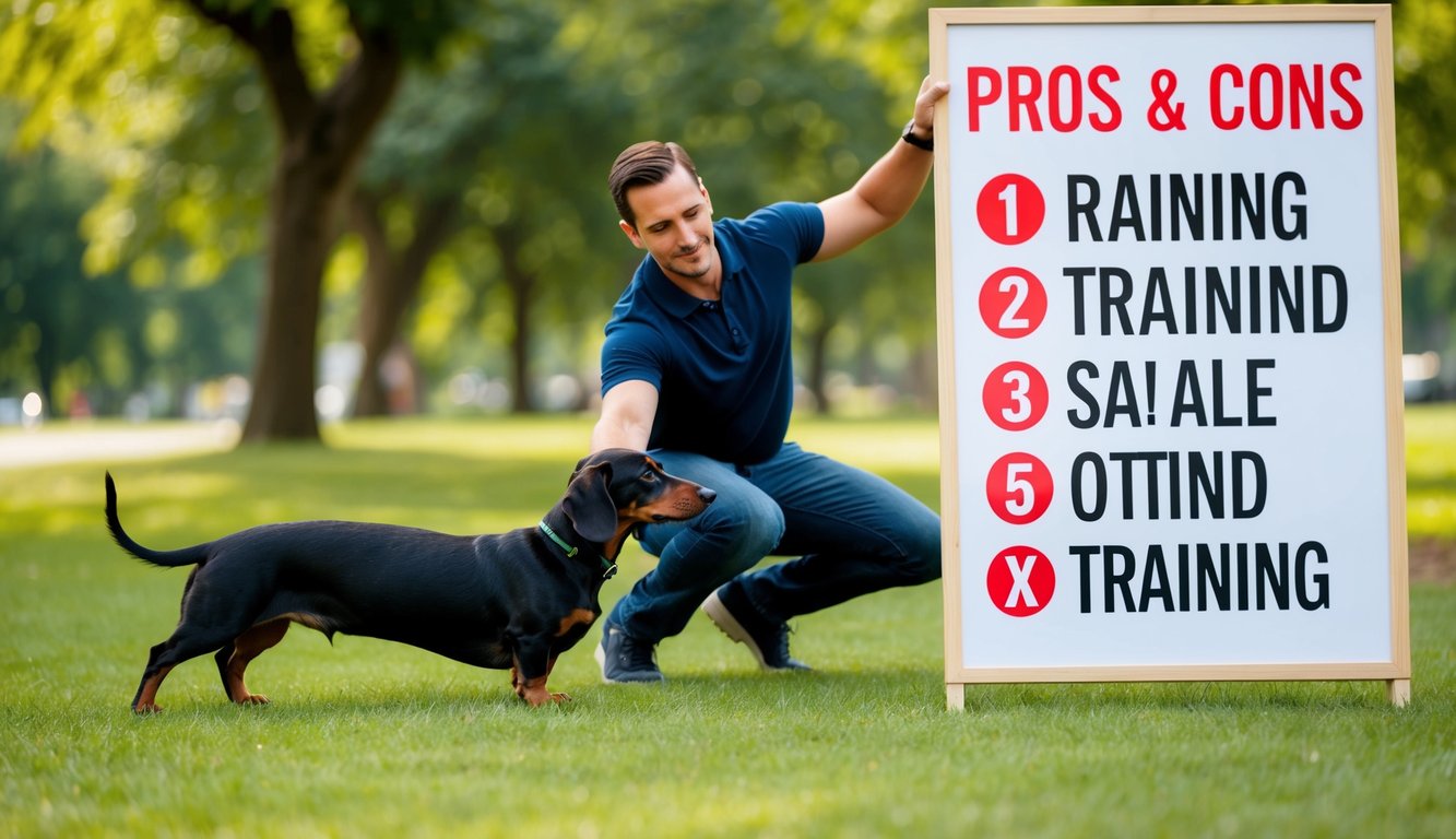 A dachshund owner training their dog in a park, surrounded by 15 pros and cons written on a large poster board