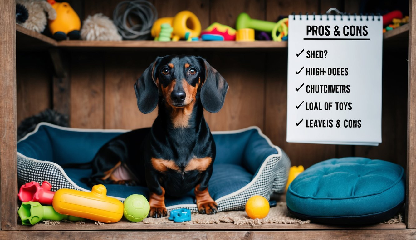 A dachshund sits in a cozy, cluttered shed surrounded by chewed-up toys and a comfy bed. The dog looks content, while a list of pros and cons hovers nearby