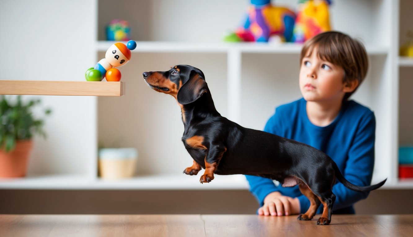 A dachshund standing on its hind legs, reaching for a toy on a high shelf, while a small child looks on with concern