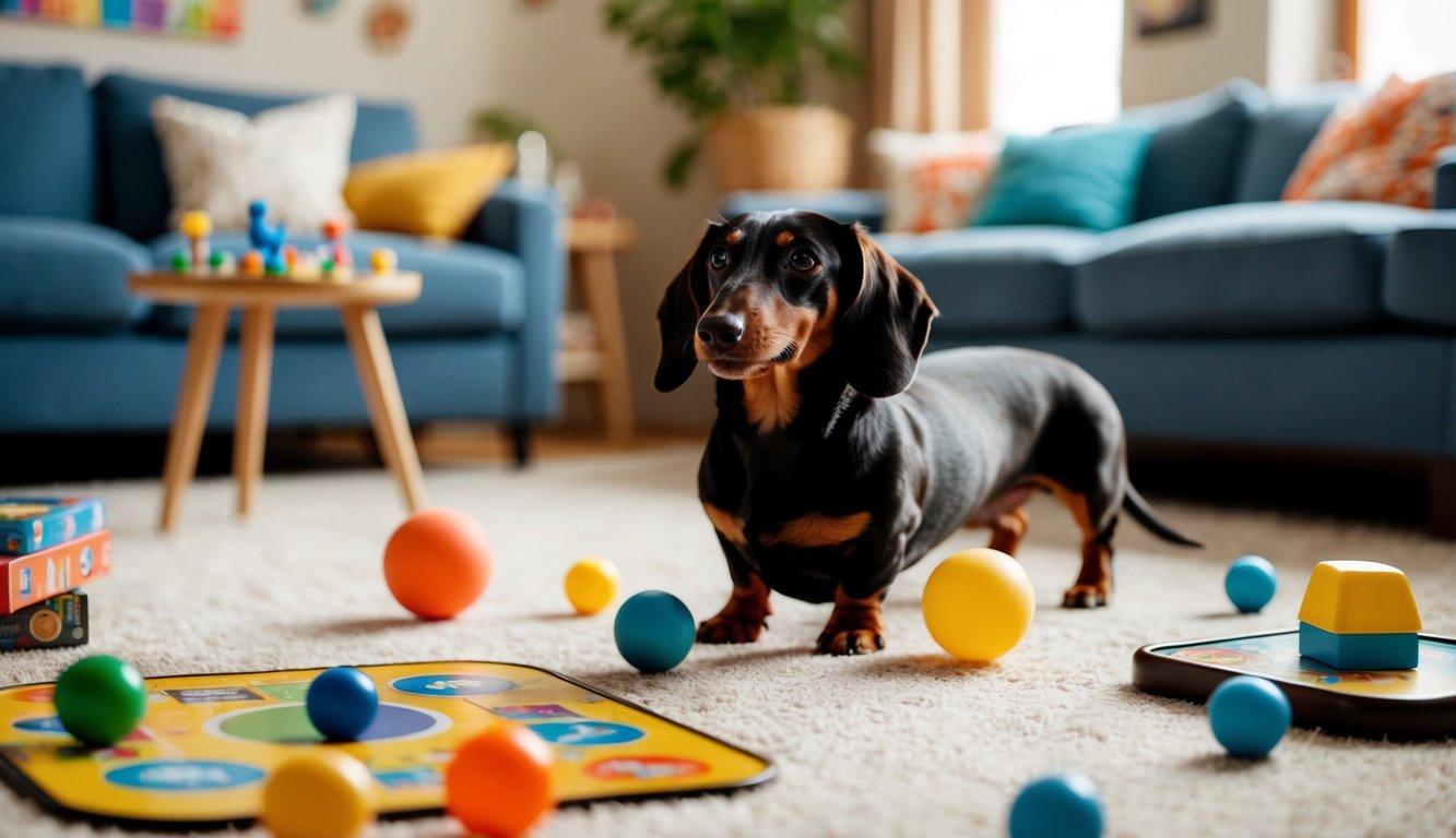 A dachshund happily plays with toys in a cozy living room, surrounded by board games and a cheerful, playful atmosphere