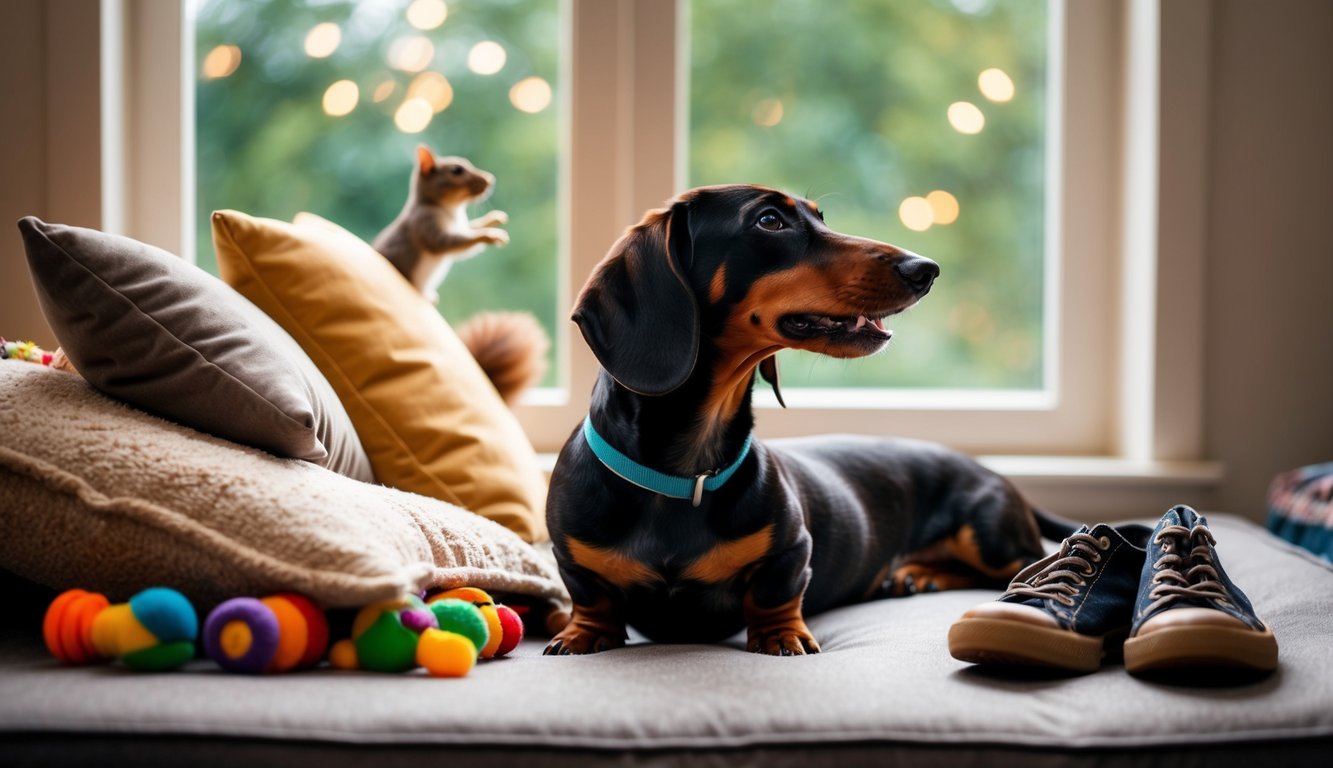 A dachshund surrounded by toys and a cozy bed, barking at a squirrel outside the window. A torn pillow and a chewed-up shoe lie nearby