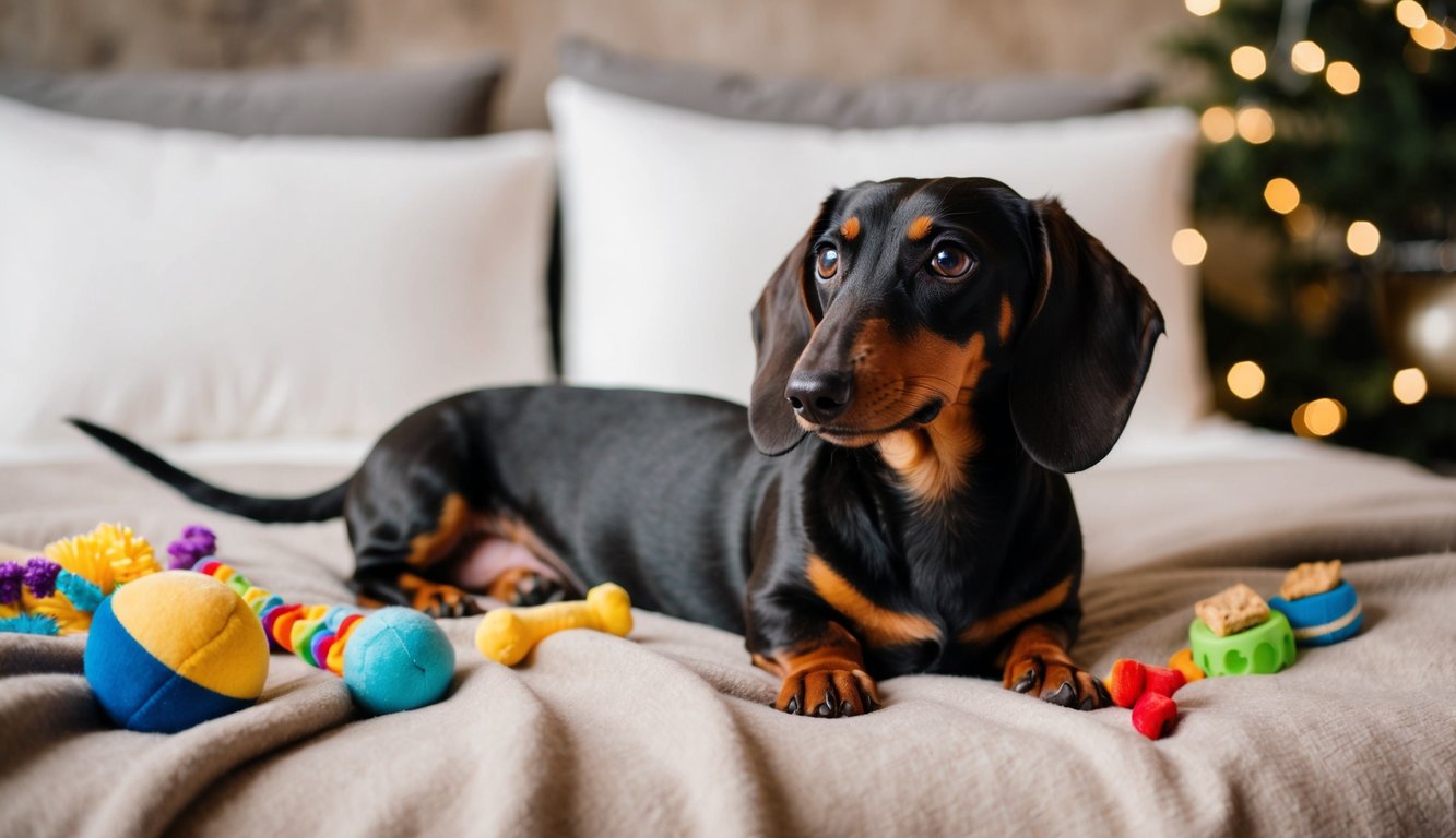 A dachshund lying on a cozy blanket, surrounded by toys and treats, with a thoughtful expression on its face