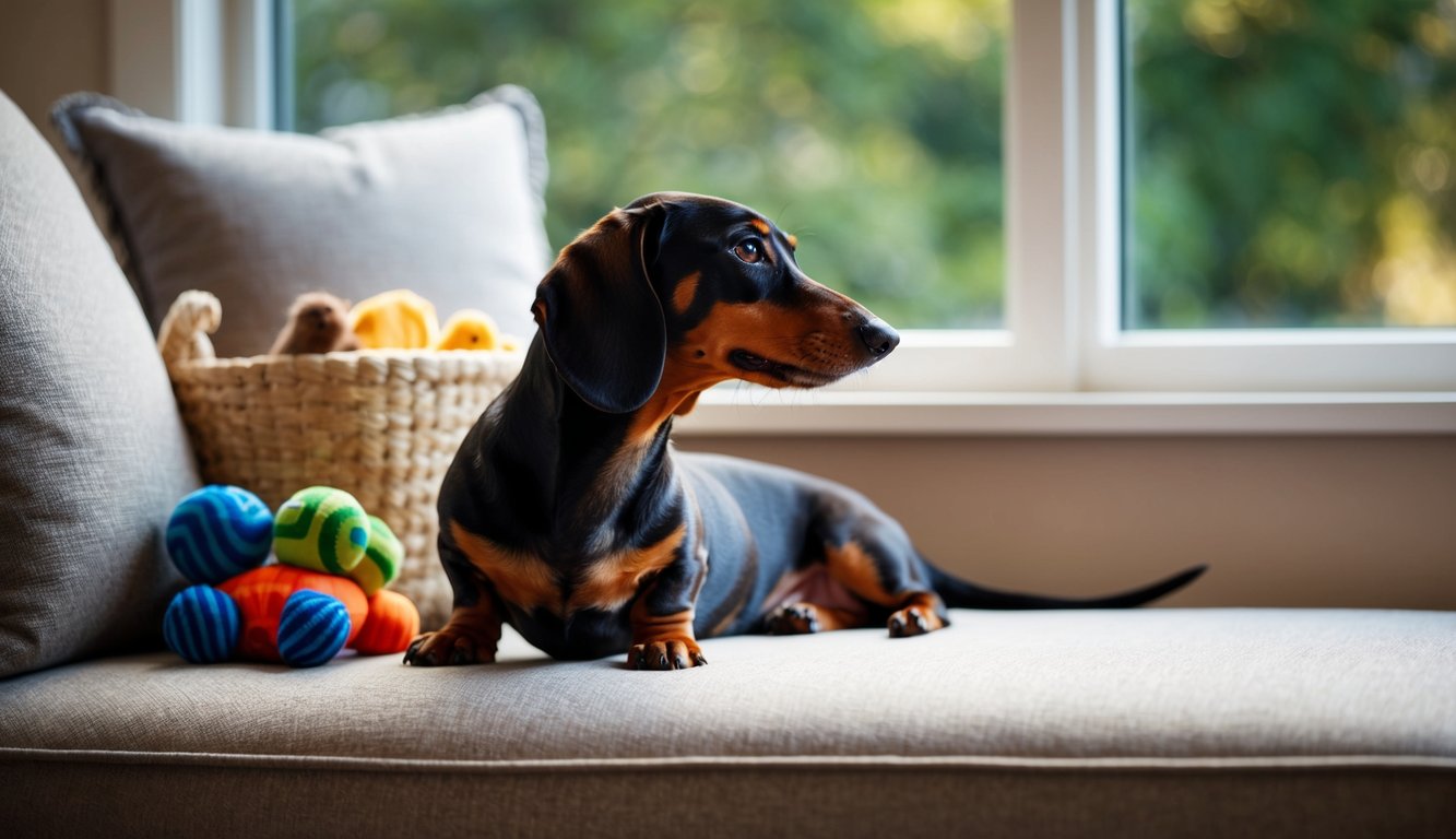 A dachshund lounges on a cozy couch, looking out a window with a playful expression. A basket of toys sits nearby, and a wagging tail hints at the breed's lively temperament