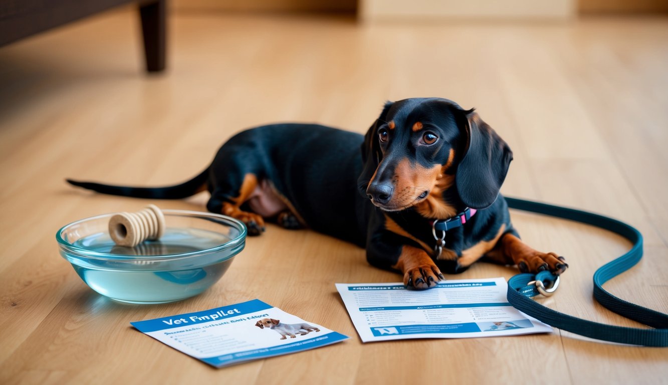 A dachshund lying next to a bowl of water and a chew toy, with a vet pamphlet and a leash nearby