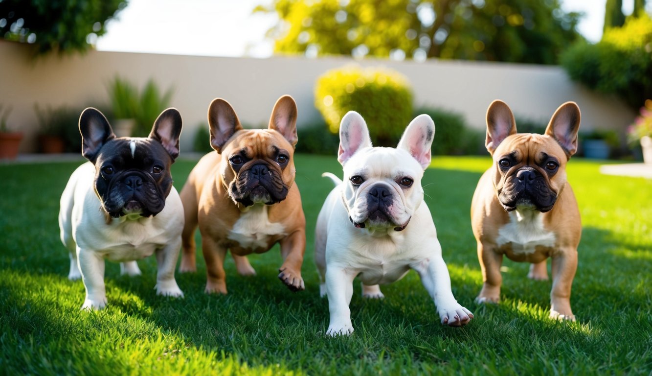 A group of French Bulldogs play in a sunny California backyard, surrounded by lush greenery and a regal atmosphere