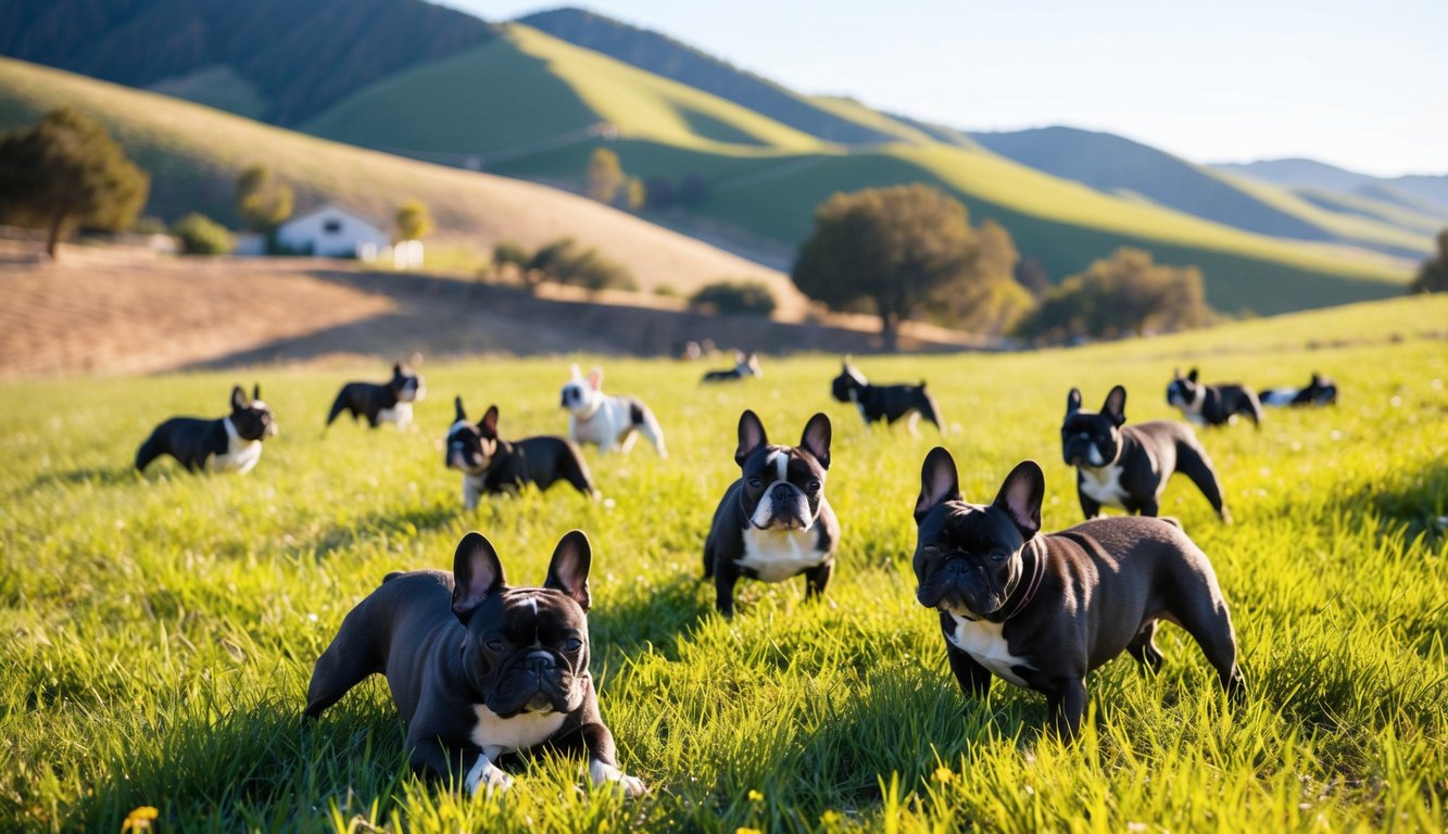 A sunny California ranch with rolling hills, dotted with French bulldogs playing and lounging in the grass