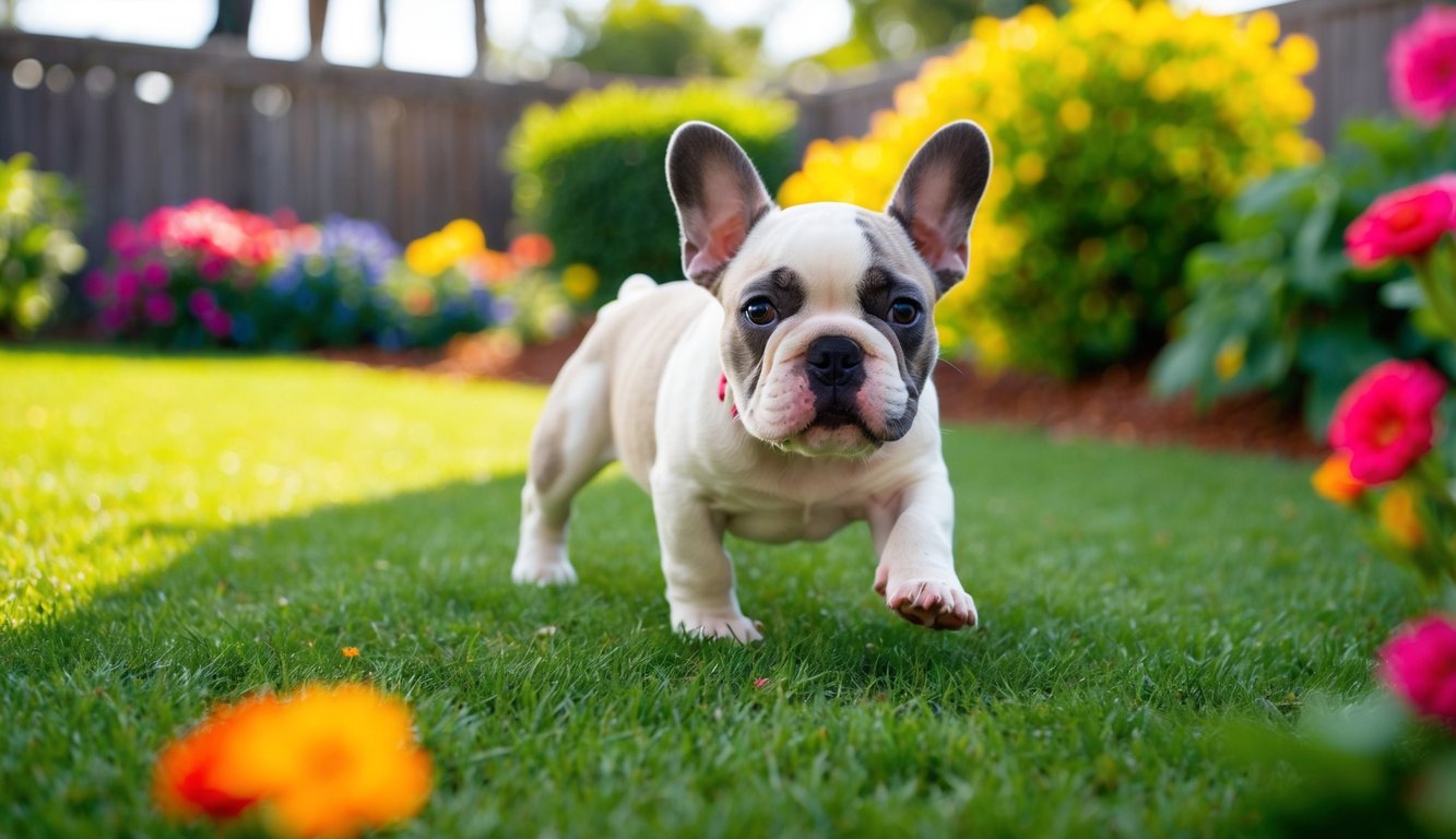 A French Bulldog puppy playing in a sunny California backyard, surrounded by lush greenery and colorful flowers