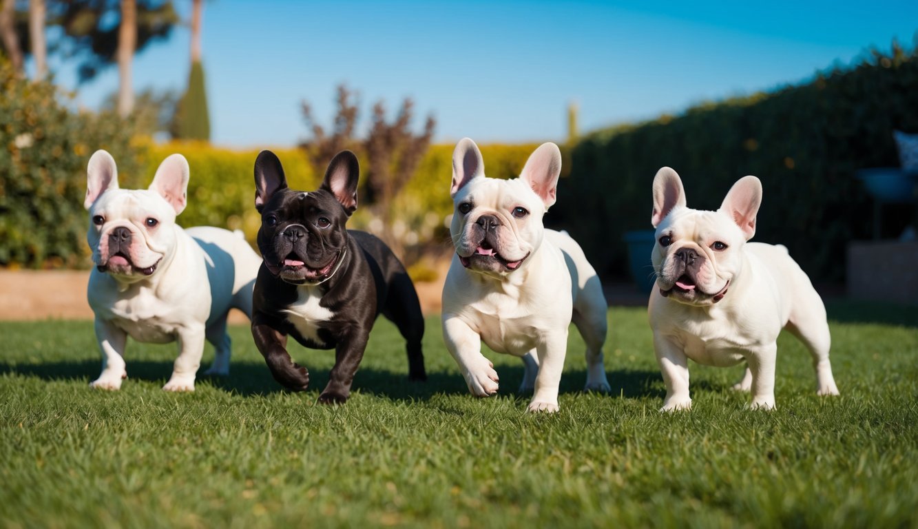 A group of French Bulldogs playing in a sunny California backyard, surrounded by greenery and a clear blue sky