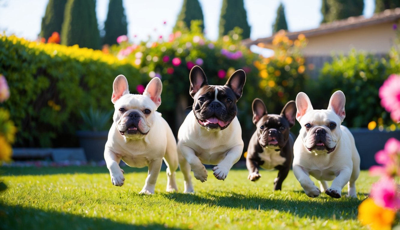 A group of French Bulldogs playfully romp in a sunny California backyard, surrounded by vibrant greenery and colorful flowers