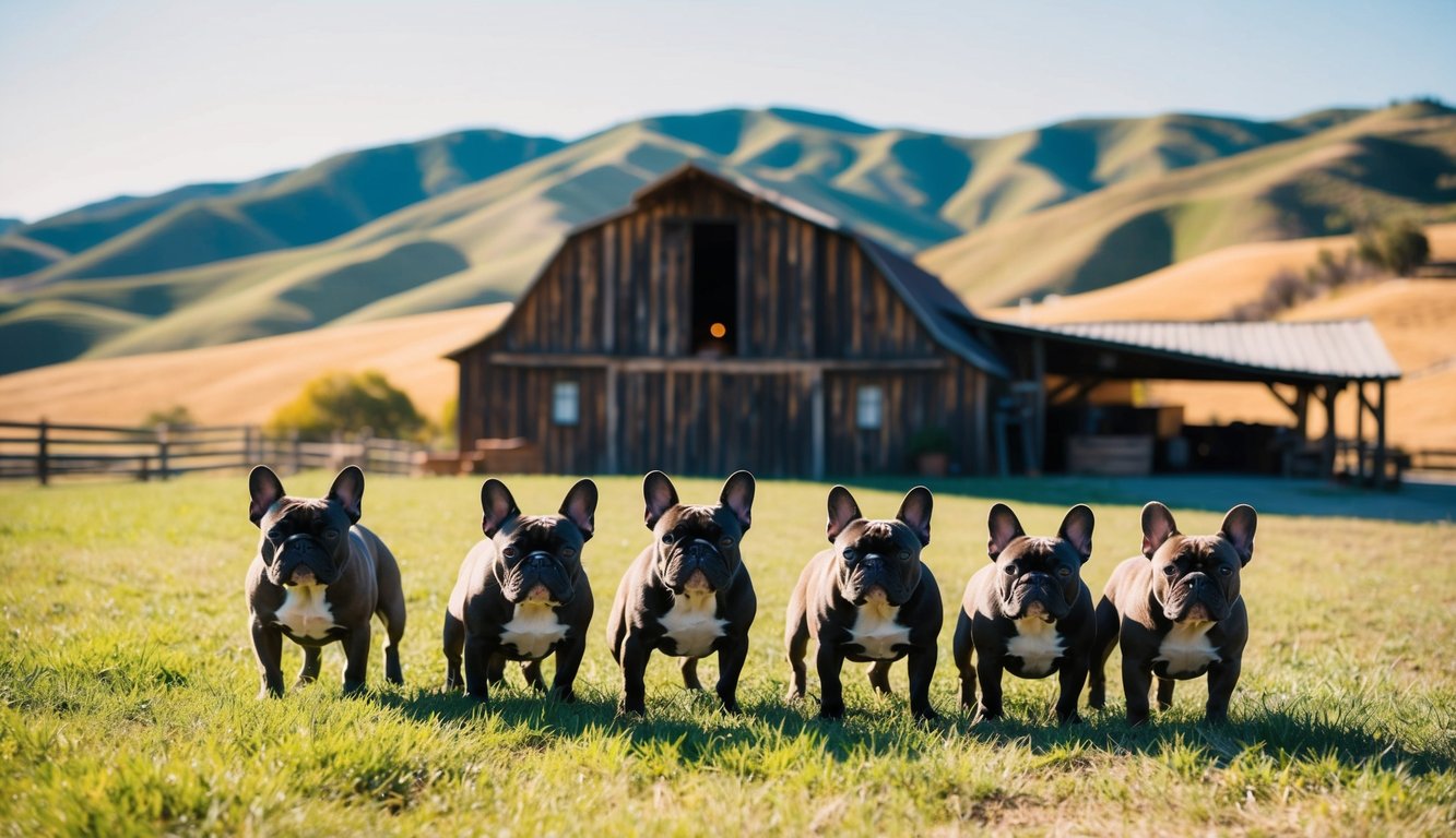 A sunny California ranch with rolling hills, a rustic barn, and a group of playful French Bulldogs
