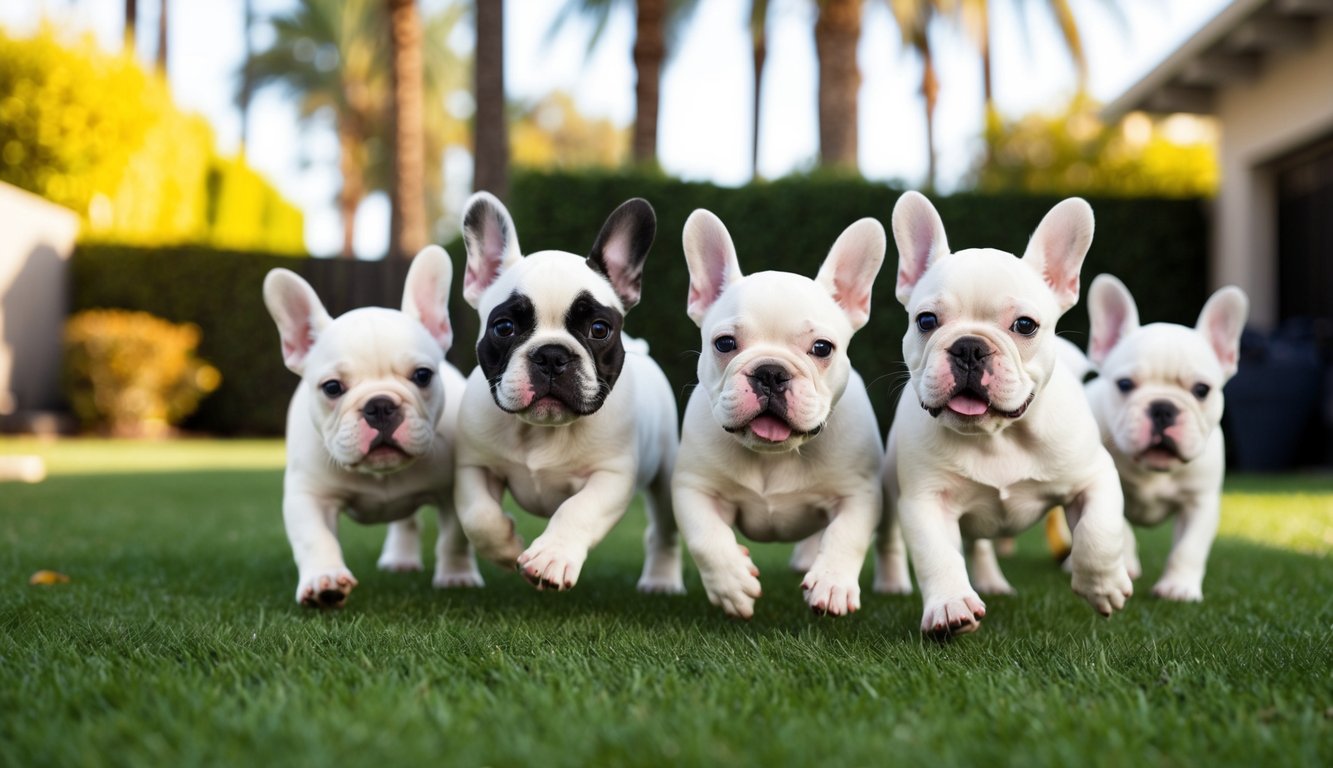 A group of playful French Bulldog puppies romp in a sunny California backyard, with palm trees in the background