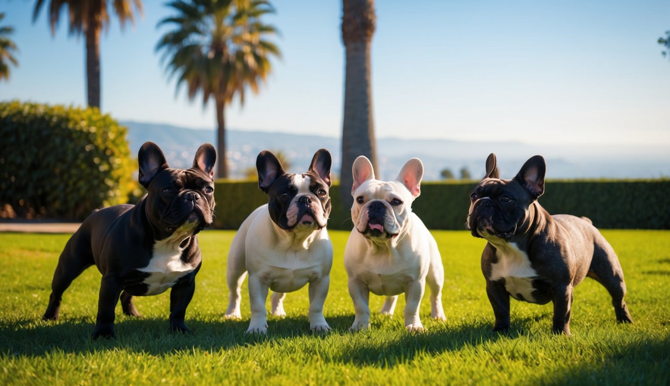 A group of French Bulldogs playfully interact in a sunny California backyard, surrounded by palm trees and a view of the West Coast