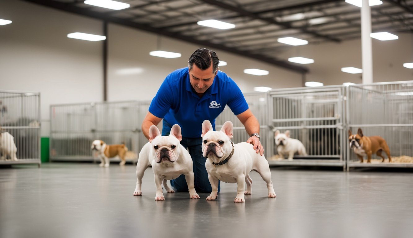 A French Bulldog breeder carefully tending to their dogs in a spacious and clean California facility