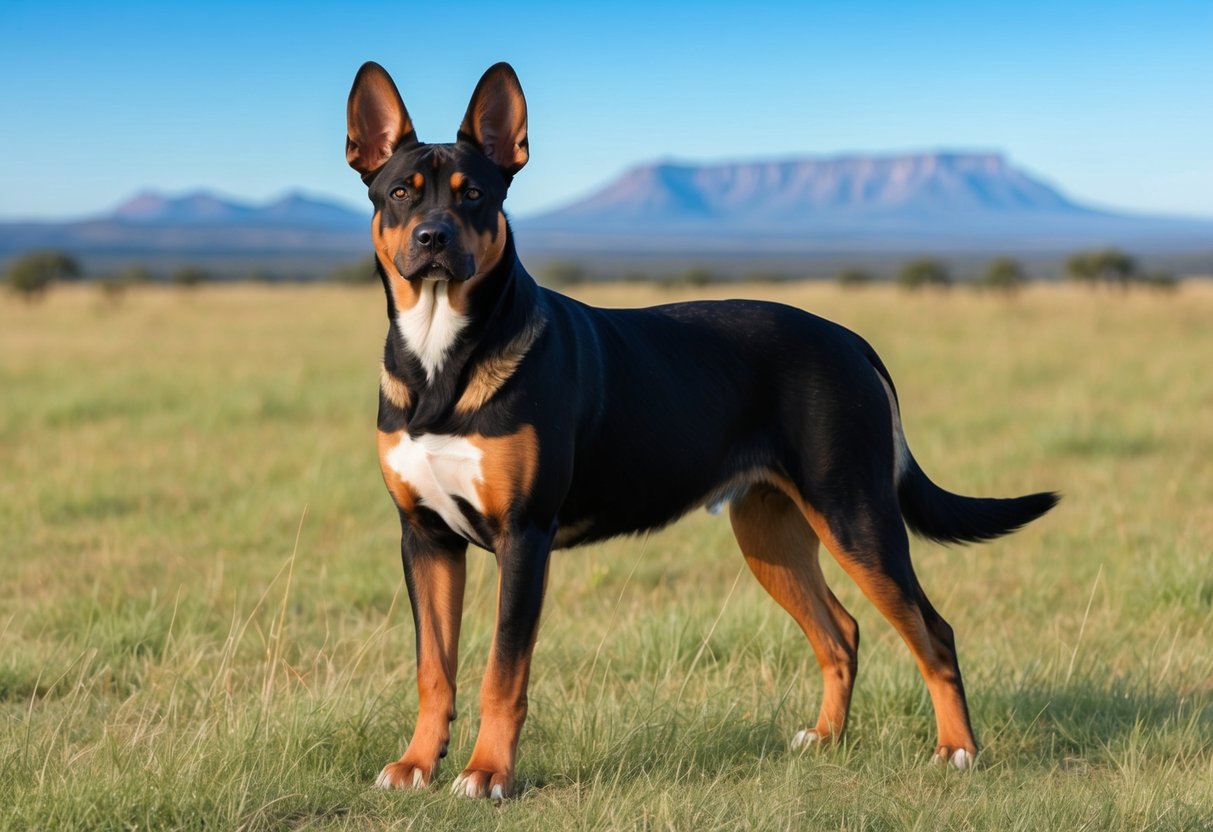 African Boerboel standing proudly on a grassy savanna, with a clear blue sky and distant mountains in the background