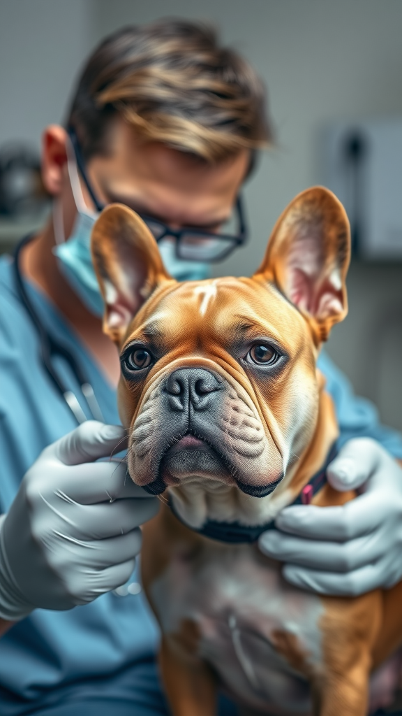 A French Bulldog sitting on a table with a veterinary professional, discussing health issues.