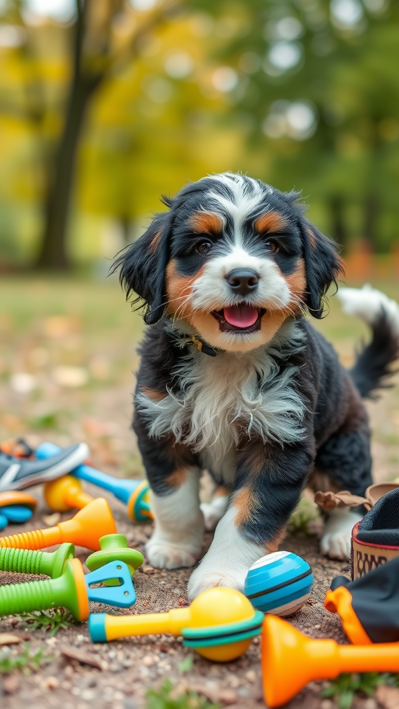 A happy Bernedoodle surrounded by colorful toys, showcasing energetic and sporty names.