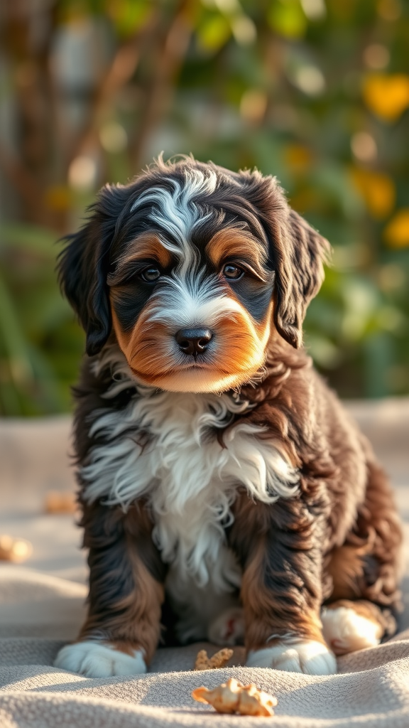 A cute Bernedoodle puppy sitting on grass with name tags showing Whisper, Muffin, and Cuddles.