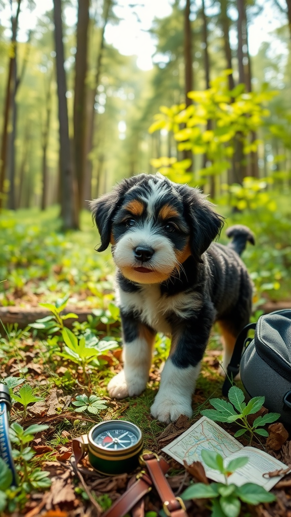 A Bernedoodle puppy in a forest setting, with adventure-themed items.