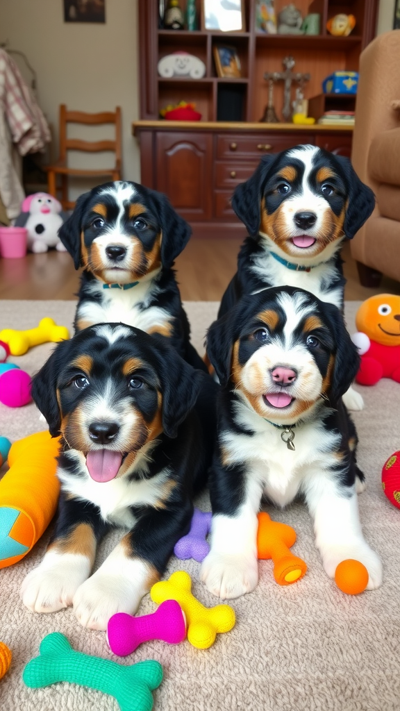A group of Bernedoodle puppies with name tags, showcasing their cute and playful nature.