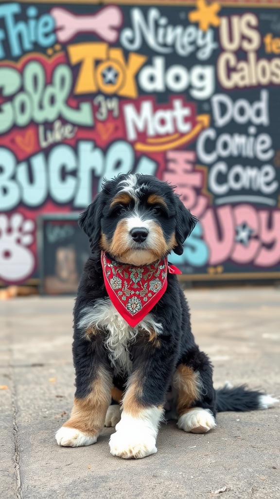 A cute Bernedoodle with a red bandana sitting in front of a colorful wall.