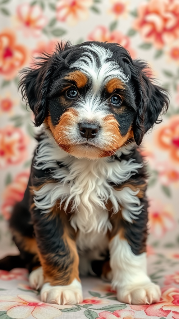 A cute Bernedoodle puppy with a selection of name tags including Berthe, Larrier, PinH, Lander, Serandly, and Bamys.