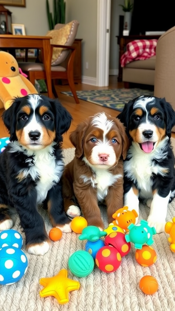 A Bernedoodle posing with various masculine names displayed around it.