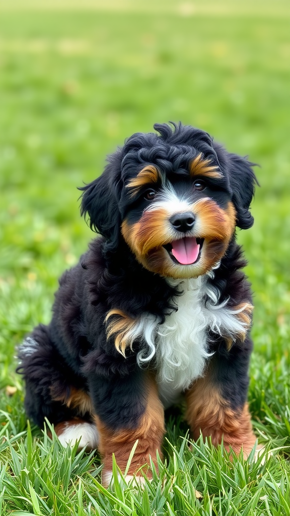A Bernedoodle sitting among colorful name tags on the grass.