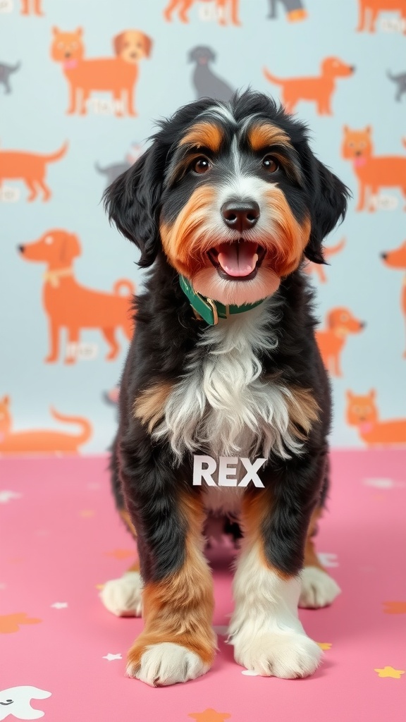 A Bernedoodle named Rex with a cheerful expression.