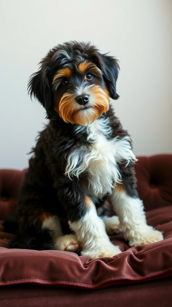 A Bernedoodle sitting elegantly on a cushion, wearing a stylish collar.