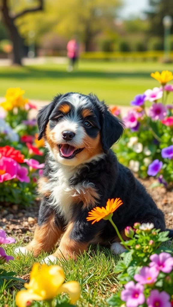 A Bernedoodle puppy sitting in a garden full of colorful flowers, looking happy and playful.