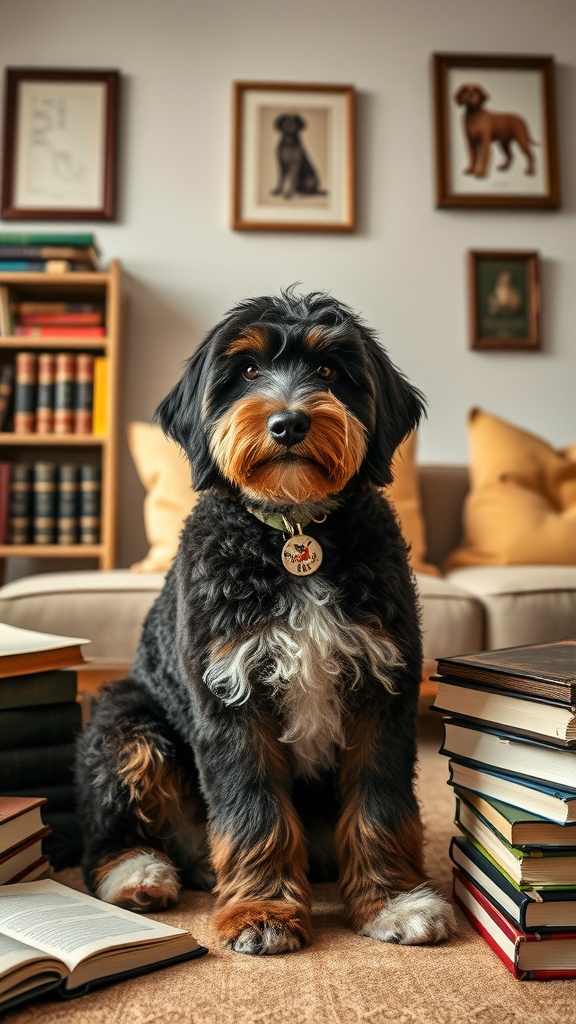 A Bernedoodle sitting in a cozy living room surrounded by books.