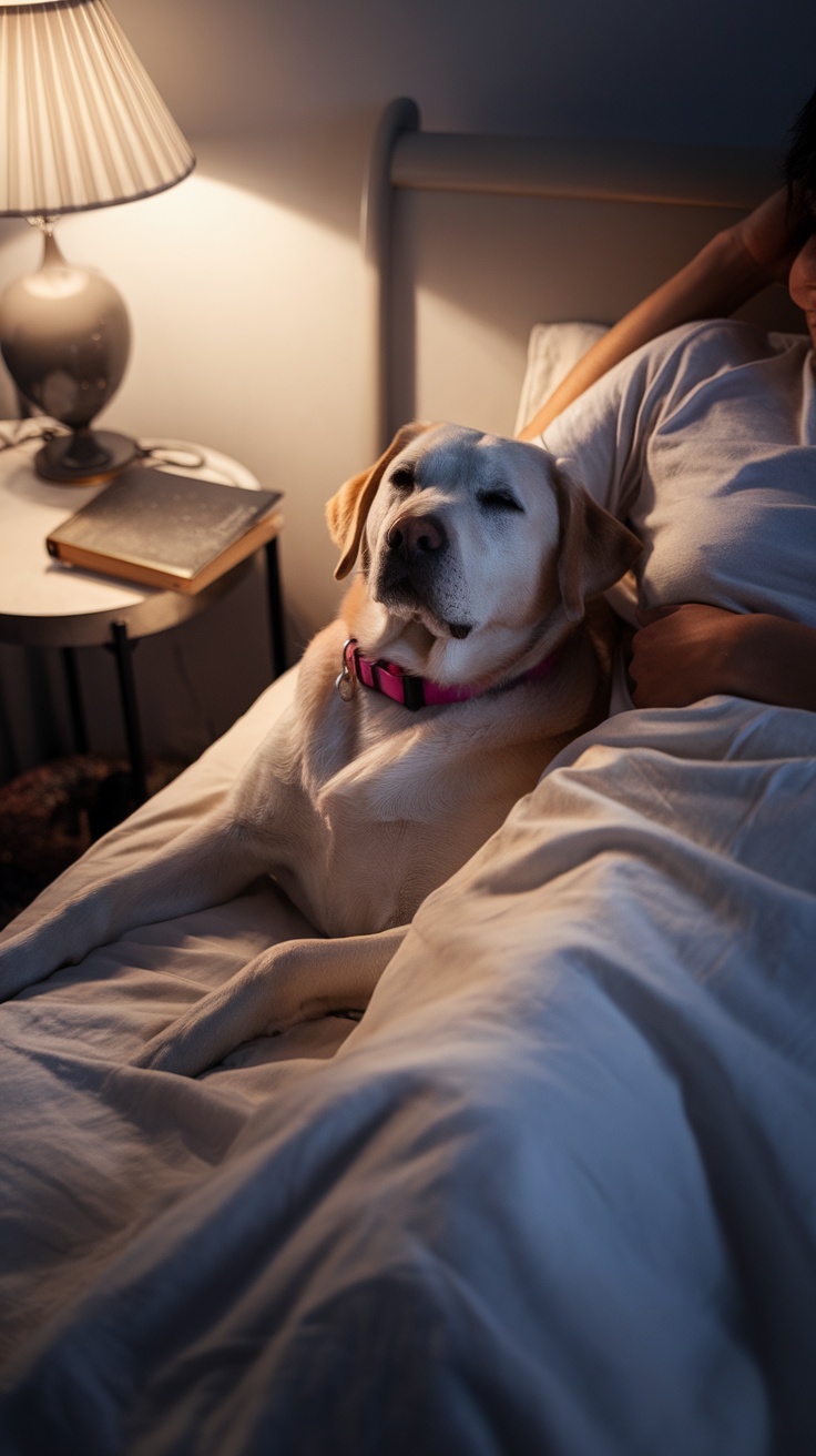 A Labrador Retriever peacefully sleeping next to a person in bed, creating a cozy atmosphere.