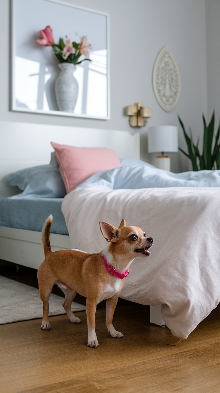 A Chihuahua standing near a bed in a cozy bedroom.