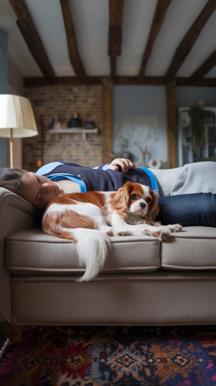 A Cavalier King Charles Spaniel snuggled next to a person on a couch.