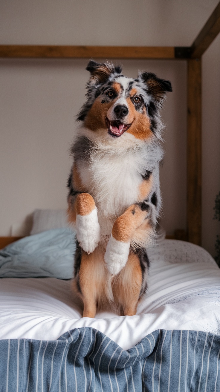 An Australian Shepherd standing on a bed, smiling.