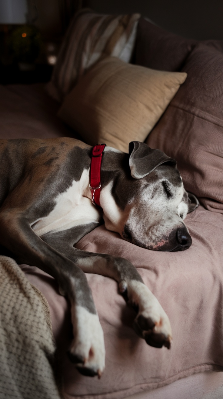 A Great Dane sleeping comfortably on a couch, showcasing its gentle nature.