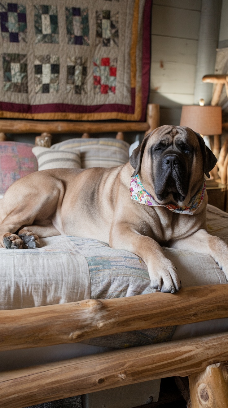 A Mastiff lying comfortably on a bed with colorful pillows and a quilt in the background.