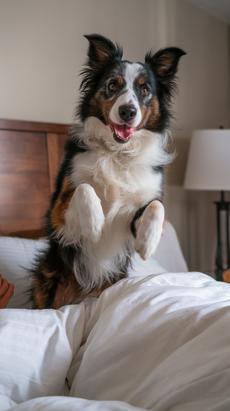 A playful Border Collie jumping on a bed, full of energy.