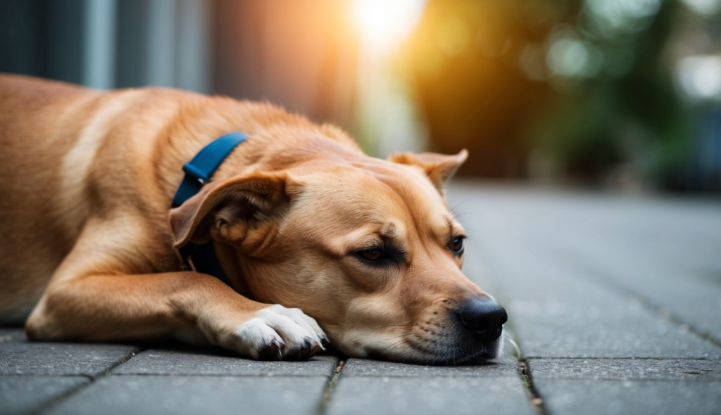 Dog lying down on street, not feeling well.
