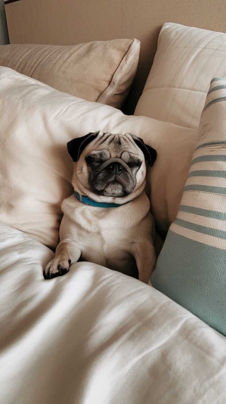 A sleeping pug nestled between pillows on a bed.