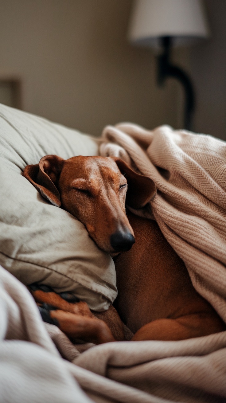 A Dachshund sleeping peacefully on a pillow, wrapped in a cozy blanket.